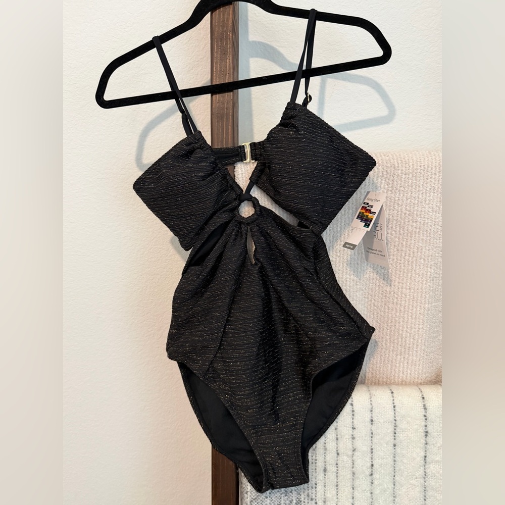 Time and Tru Black Metallic Ring Cutout One-Piece Swimsuit